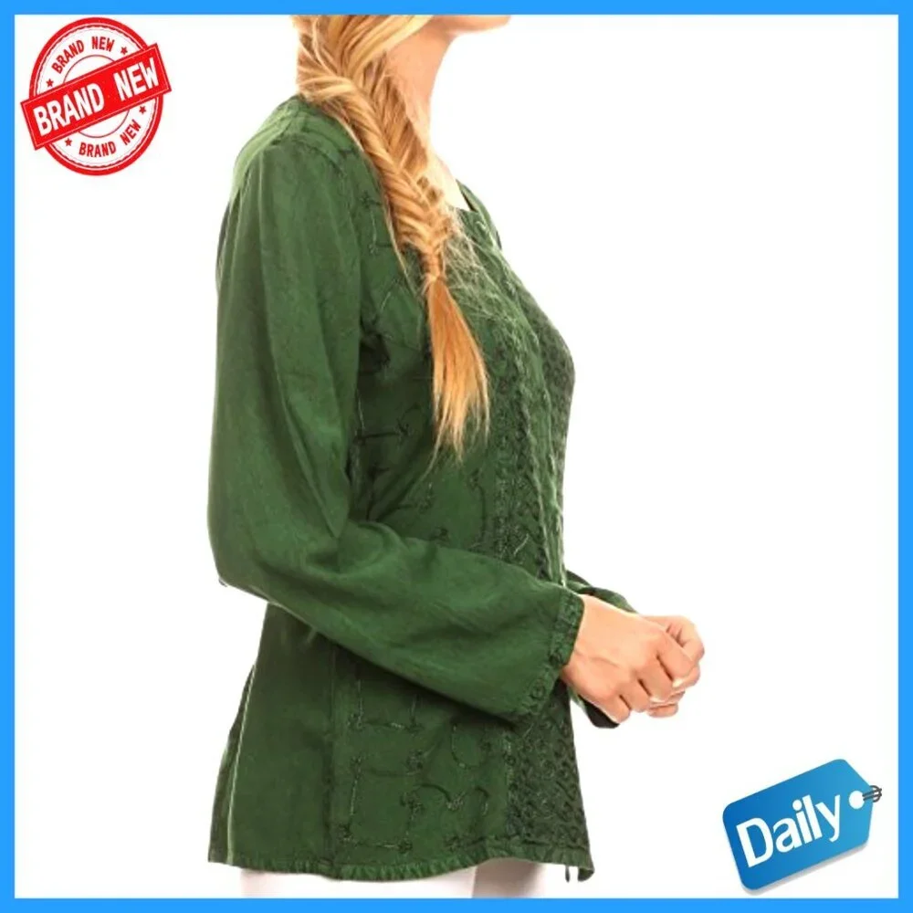 Long Sleeve Blouse with Adjustable Back Straps, 100% Rayon, Button Front